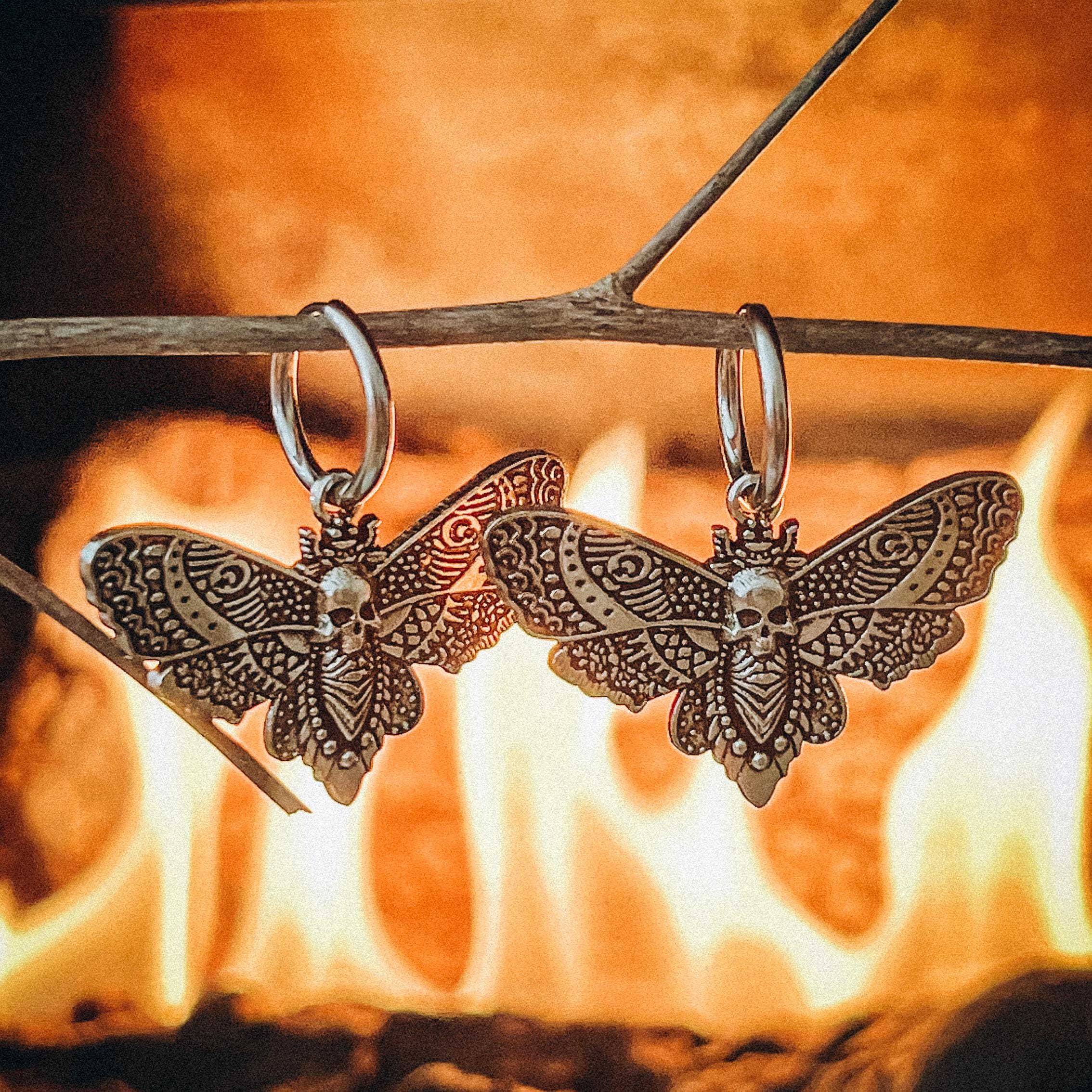 Silver Death's Head Moth Earrings Dangle Gothic Hoop Earrings Skull Insect Earrings Witchy Jewelry Halloween Earrings Skull Earrings
