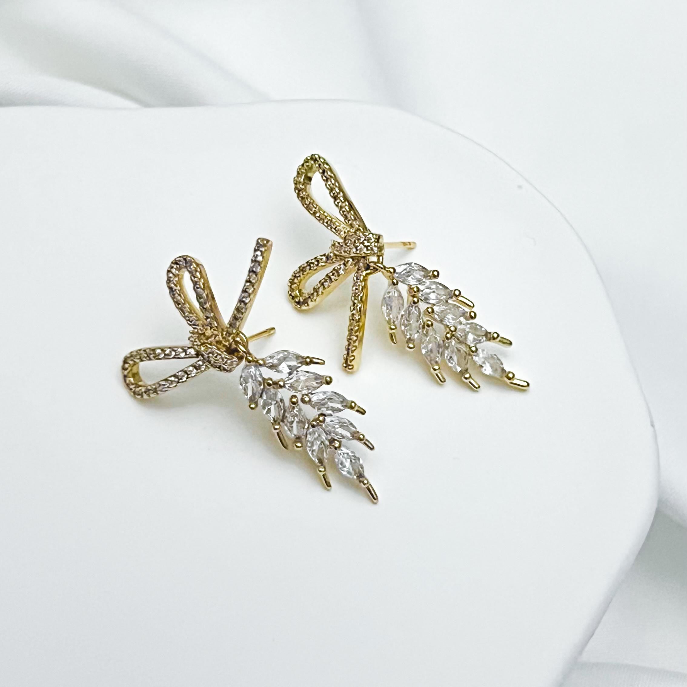 Gold Wheat Stud Earrings Diamond Wheat Drop Earrings Cubic Zirconia Leaf Drop Earrings Wedding Jewelry Bridesmaid Earrings Gift for Her