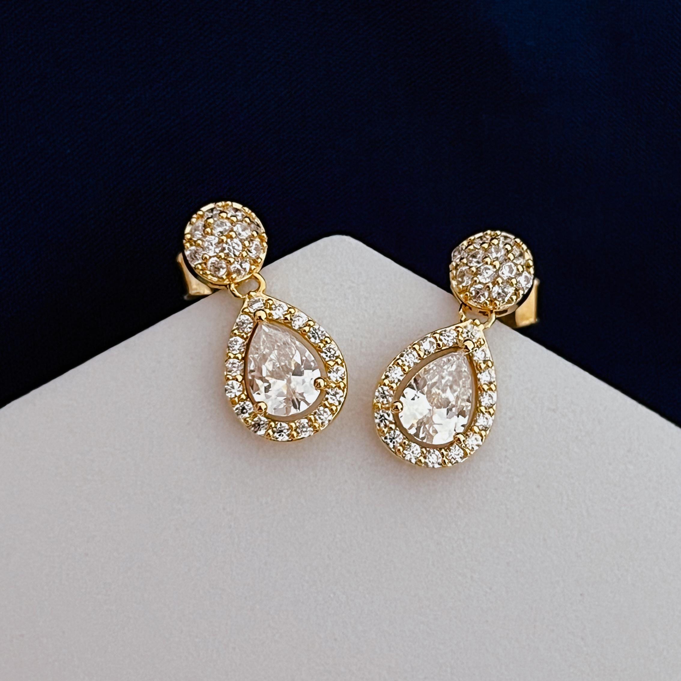 Wedding Gold Drop Earrings Diamond Drop Earrings Elegant Gift for Her Teardrop Stud Earrings Dainty Diamond Dangle Earrings Bridal Earrings