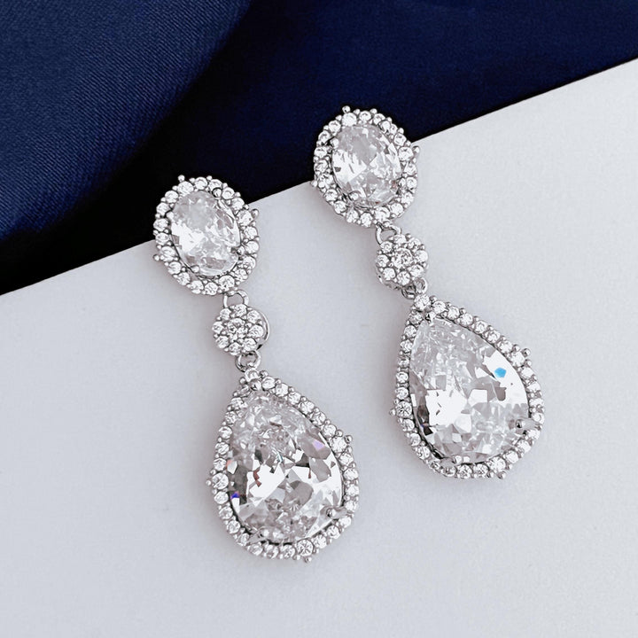 Silver Dangle Diamond Earrings Elegant Bridal Jewelry Minimalist Earrings Bridesmaid Jewelry Gift for Her Crystal Drop Earrings