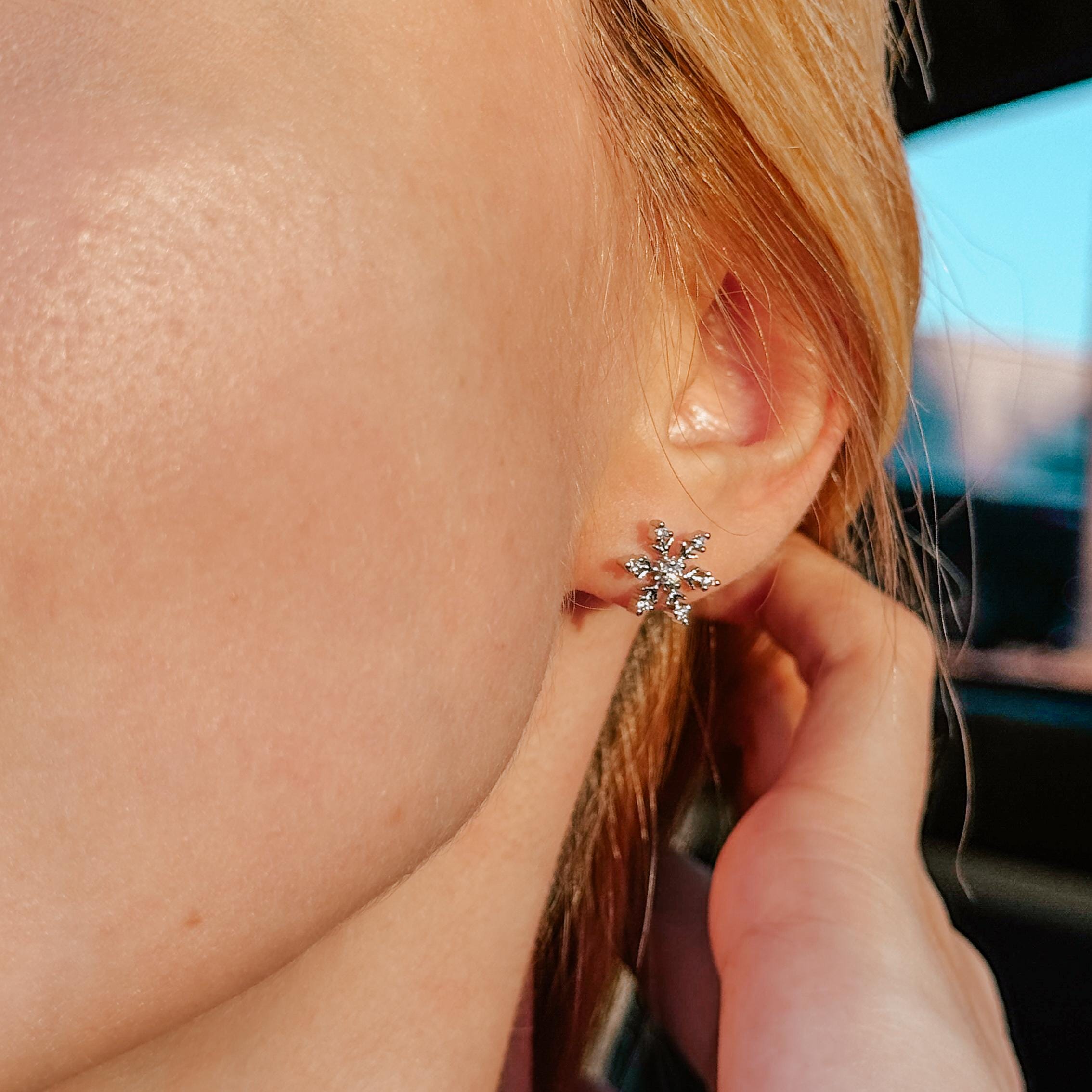 Snowflake Earrings Sterling Silver CZ Studs Dainty Winter Jewelry Holiday Earrings Wedding Bridesmaid Gift Everyday Elegant Earrings
