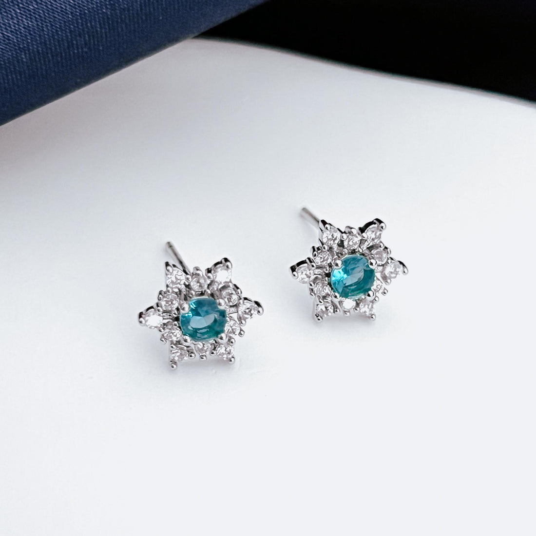 Snowflake Stud Earrings Sterling Silver Blue CZ Crystal Winter Jewelry Blue Christmas Earrings Dainty Silver Studs Elegant Gift for Her