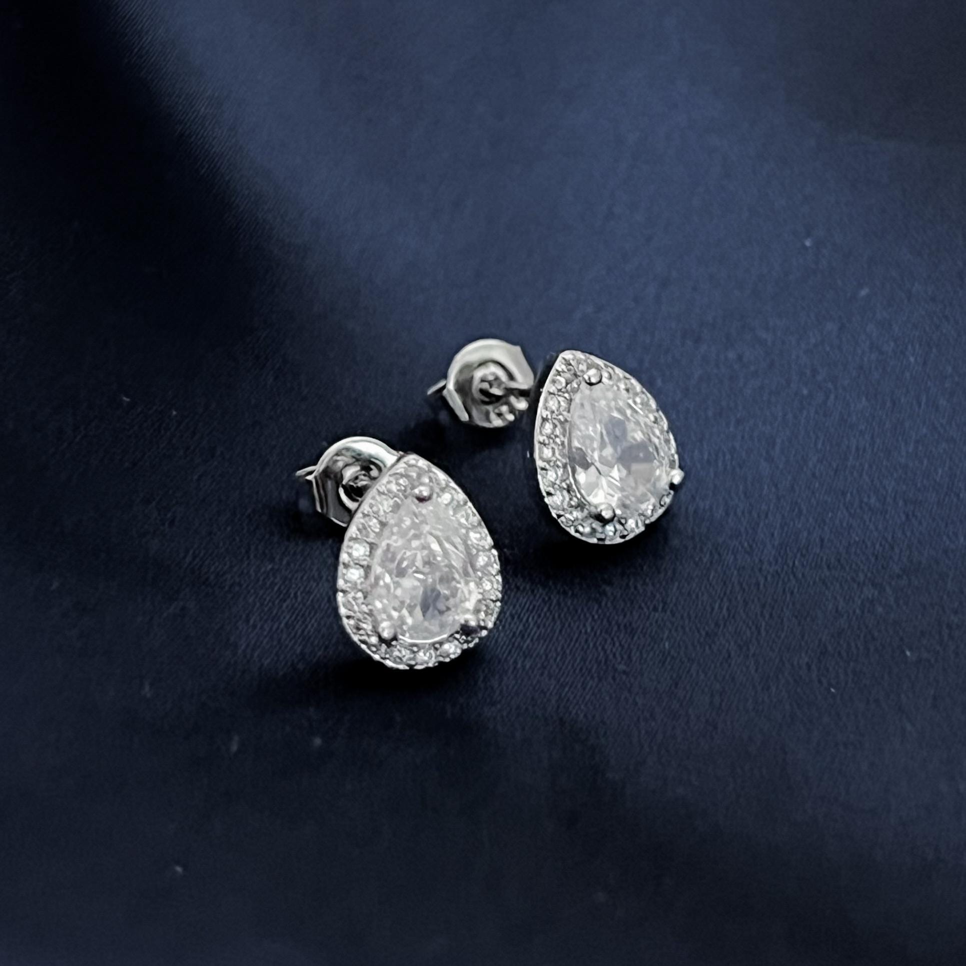 Minimalist Silver Stud Earrings Dainty Pear Cut Wedding Earrings Diamond Drop Earrings Everyday Jewelry Bridesmaid Anniversary Gift for Her