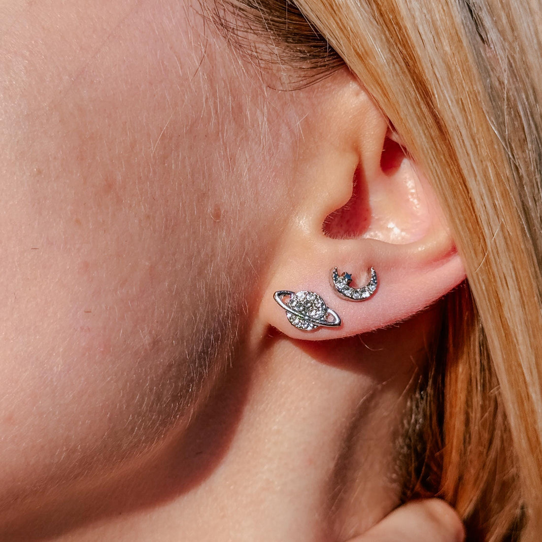 Silver Moon and Star Stud Earrings Mismatched Asymmetric Celestial Earrings Starburst Earrings Mismatched Planet Saturn CZ Stud Earrings