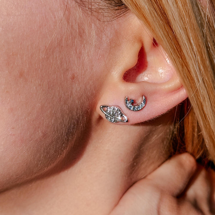 Silver Moon and Star Stud Earrings Mismatched Asymmetric Celestial Earrings Starburst Earrings Mismatched Planet Saturn CZ Stud Earrings