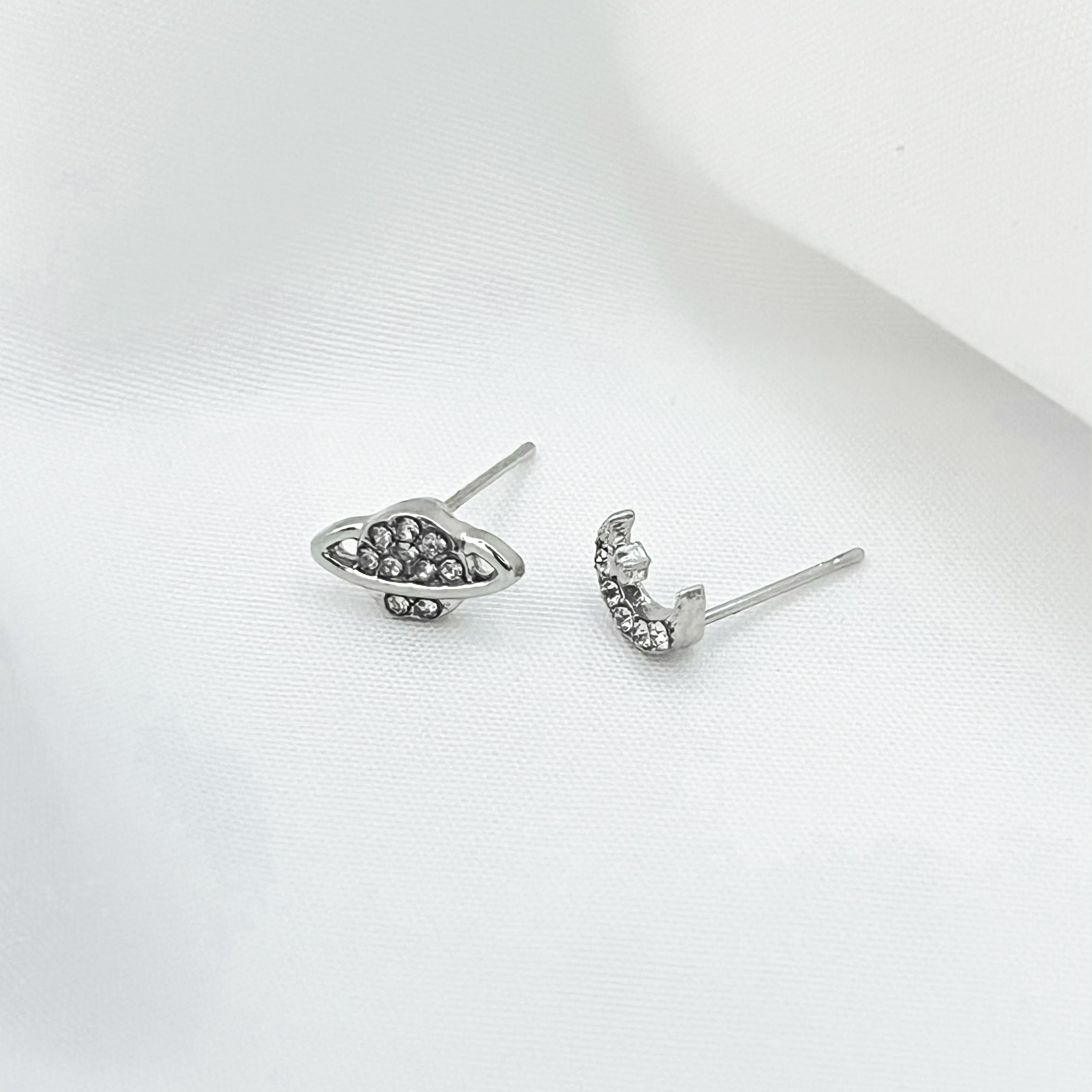 Silver Moon and Star Stud Earrings Mismatched Asymmetric Celestial Earrings Starburst Earrings Mismatched Planet Saturn CZ Stud Earrings