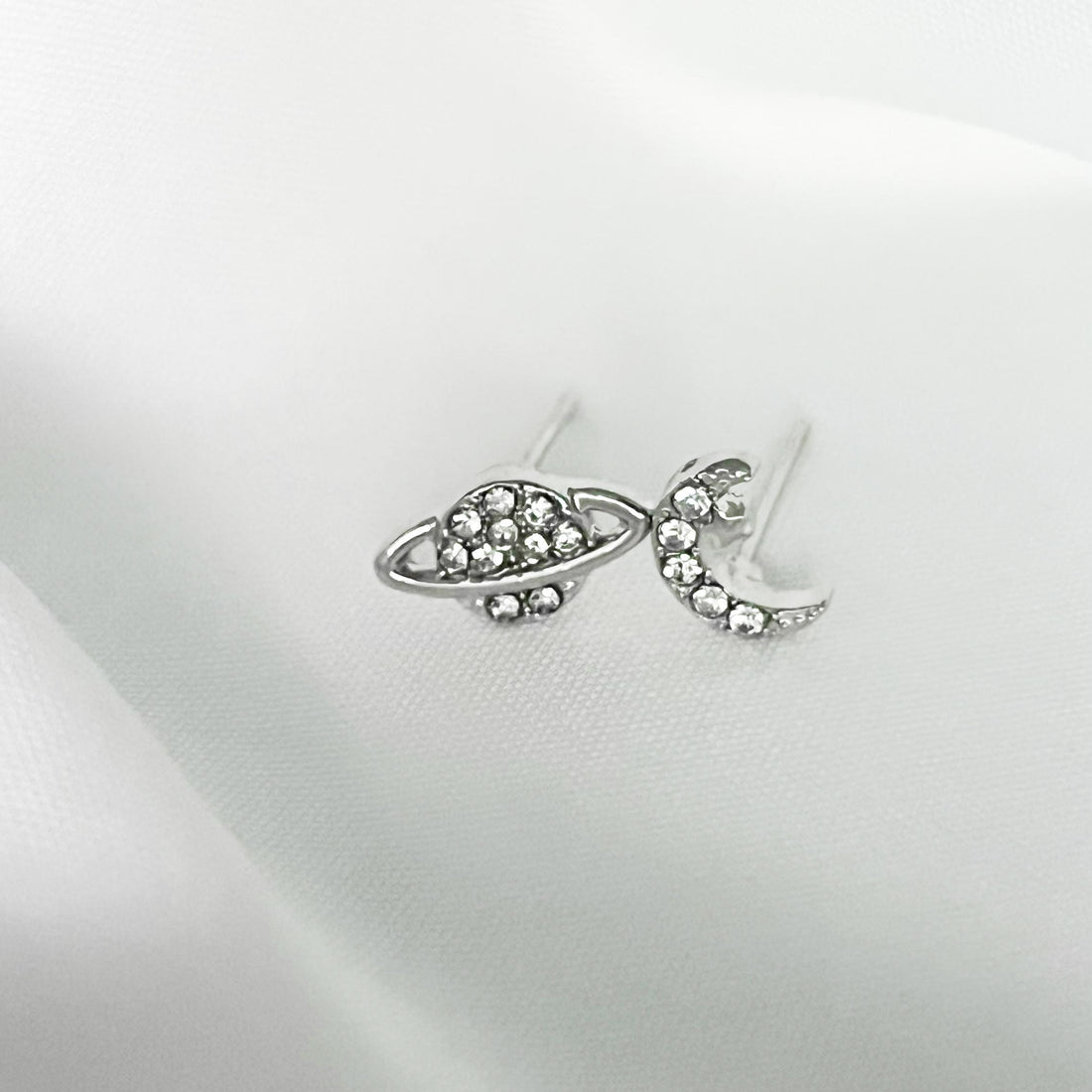 Silver Moon and Star Stud Earrings Mismatched Asymmetric Celestial Earrings Starburst Earrings Mismatched Planet Saturn CZ Stud Earrings