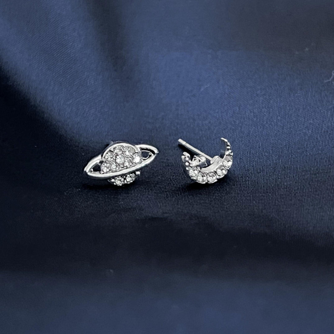 Silver Moon and Star Stud Earrings Mismatched Asymmetric Celestial Earrings Starburst Earrings Mismatched Planet Saturn CZ Stud Earrings