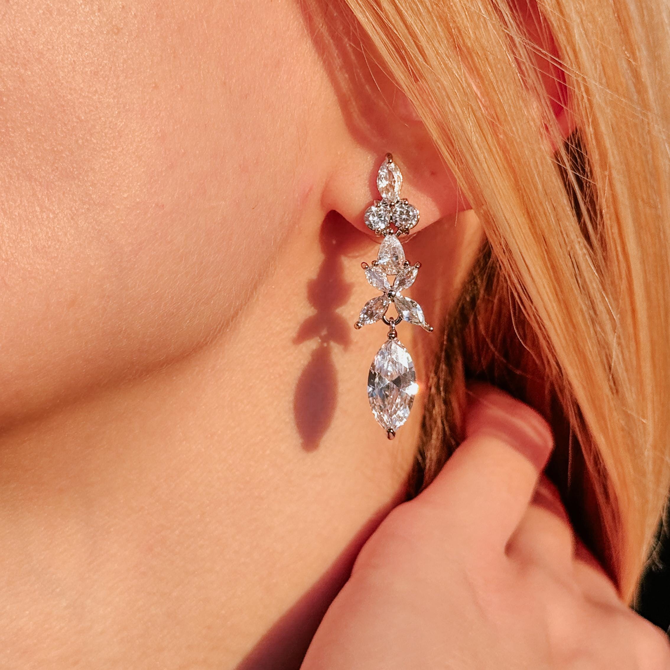 Dangle Diamond Earrings Crystal Drop Earrings Wedding CZ Earrings Floral Bridesmaid Jewelry Wedding Earrings Bridesmaid Gifts Gift for Her