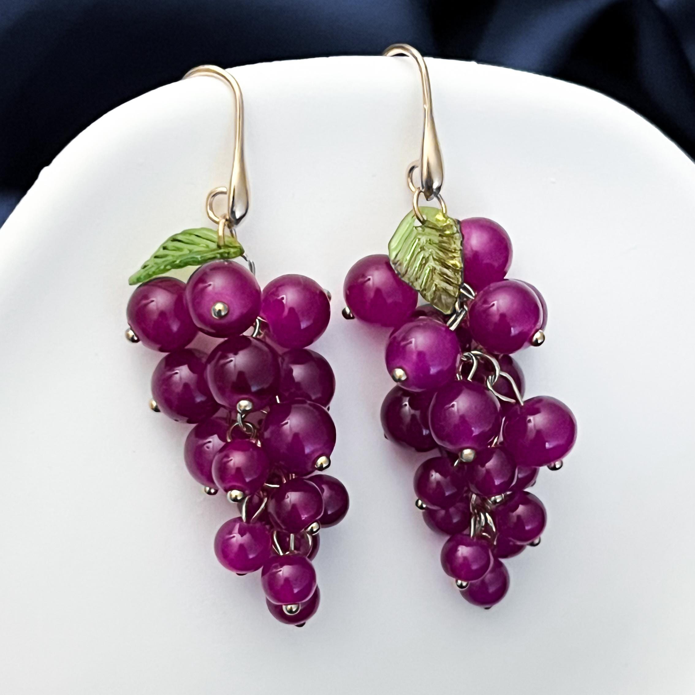 Grape Earrings Unique Fruit Dangle Earrings Purple Beaded Drop Earrings Cute Kawaii Jewelry Elegant Gift for Her Birthday Trendy Earrings
