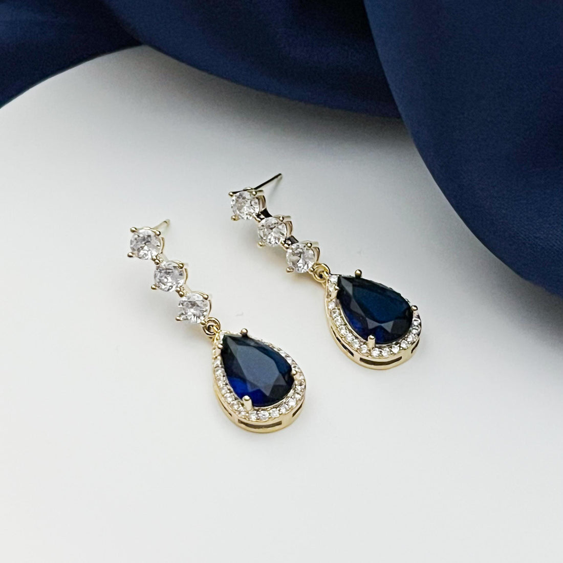 Blue Sapphire Earrings Bridal Crystal Drop Earrings Wedding Jewelry Teardrop Cubic Zirconia Earrings Gold Bridesmaid Gift Anniversary Gift