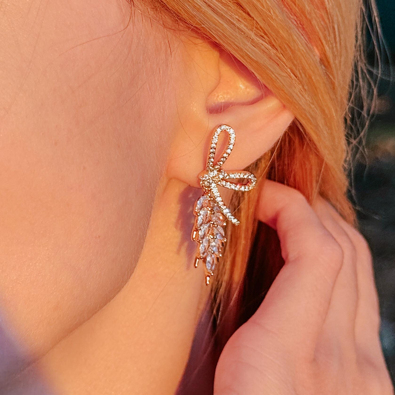 Gold Wheat Stud Earrings Diamond Wheat Drop Earrings Cubic Zirconia Leaf Drop Earrings Wedding Jewelry Bridesmaid Earrings Gift for Her