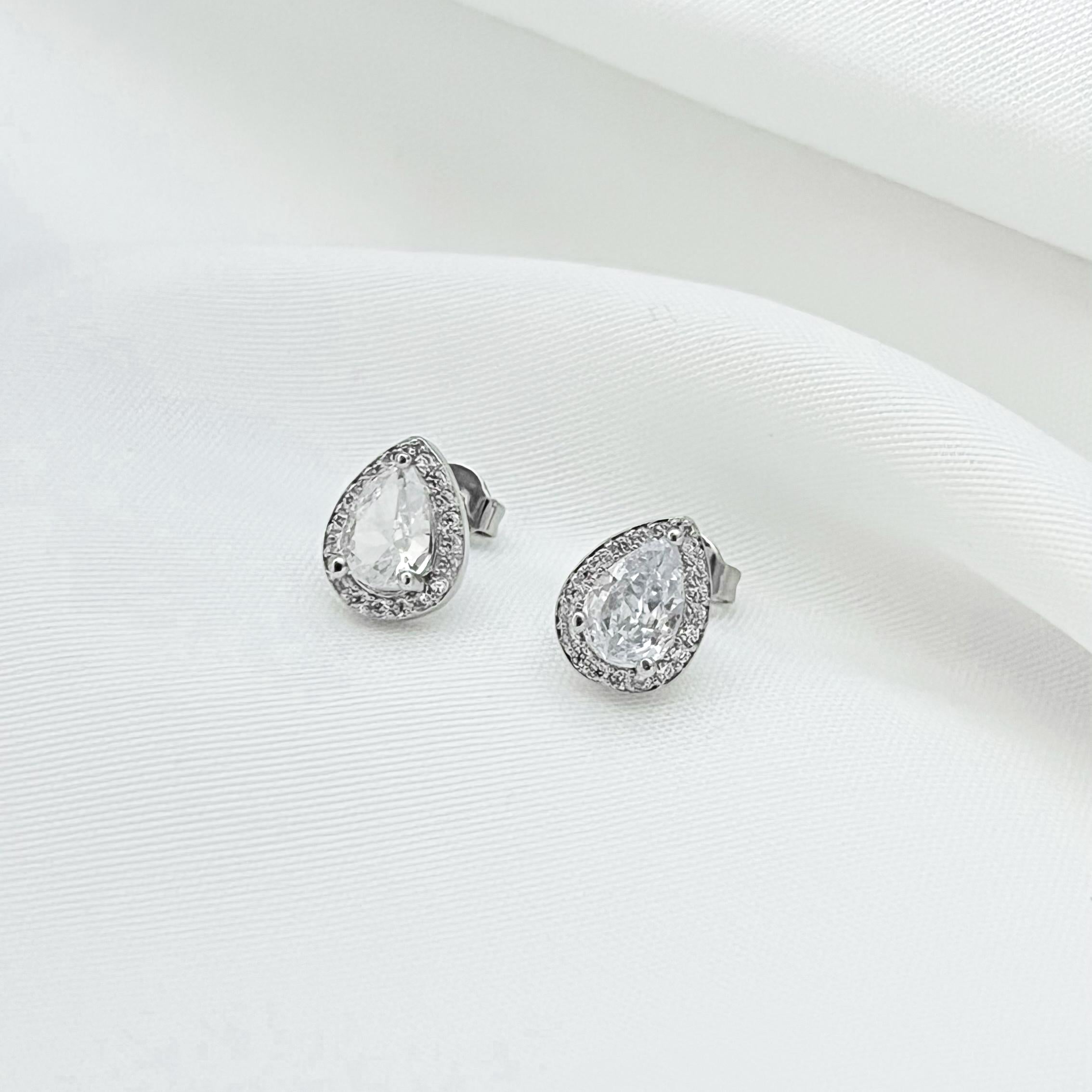 Minimalist Silver Stud Earrings Dainty Pear Cut Wedding Earrings Diamond Drop Earrings Everyday Jewelry Bridesmaid Anniversary Gift for Her