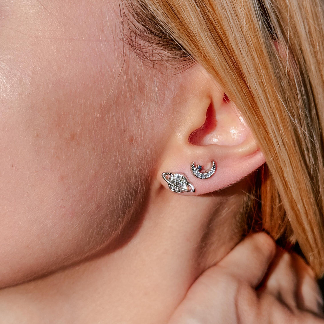 Silver Moon and Star Stud Earrings Mismatched Asymmetric Celestial Earrings Starburst Earrings Mismatched Planet Saturn CZ Stud Earrings