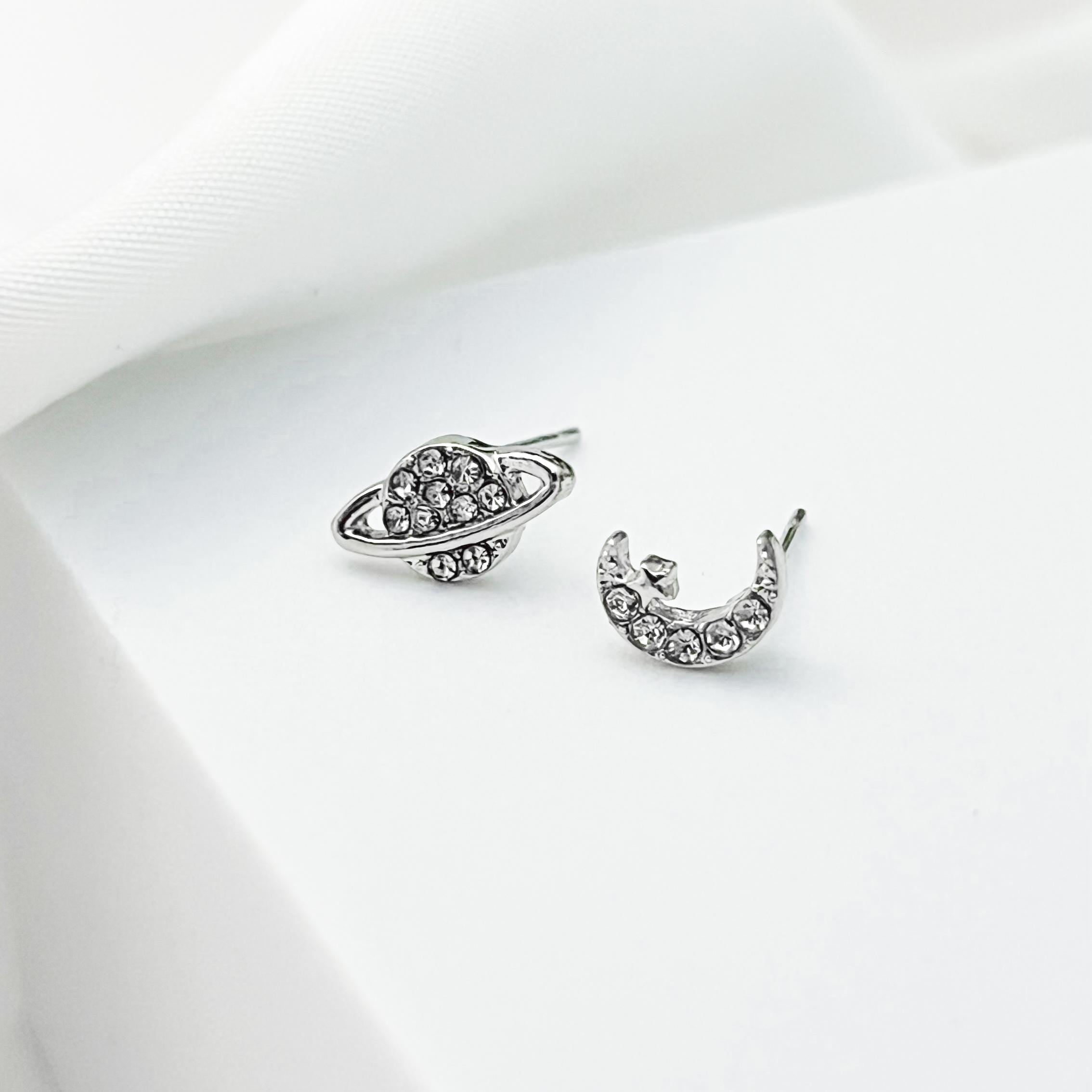 Silver Moon and Star Stud Earrings Mismatched Asymmetric Celestial Earrings Starburst Earrings Mismatched Planet Saturn CZ Stud Earrings