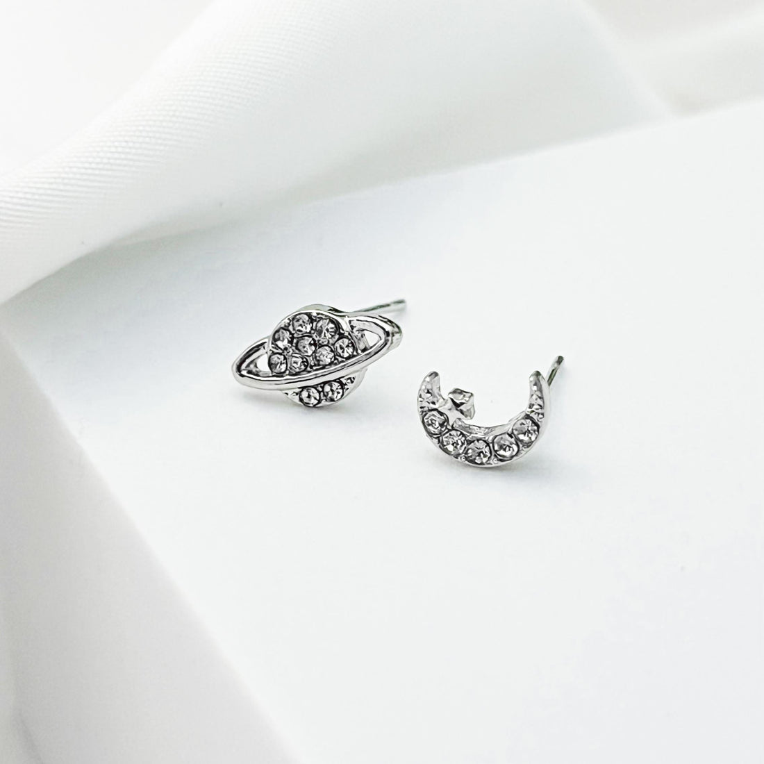 Silver Moon and Star Stud Earrings Mismatched Asymmetric Celestial Earrings Starburst Earrings Mismatched Planet Saturn CZ Stud Earrings