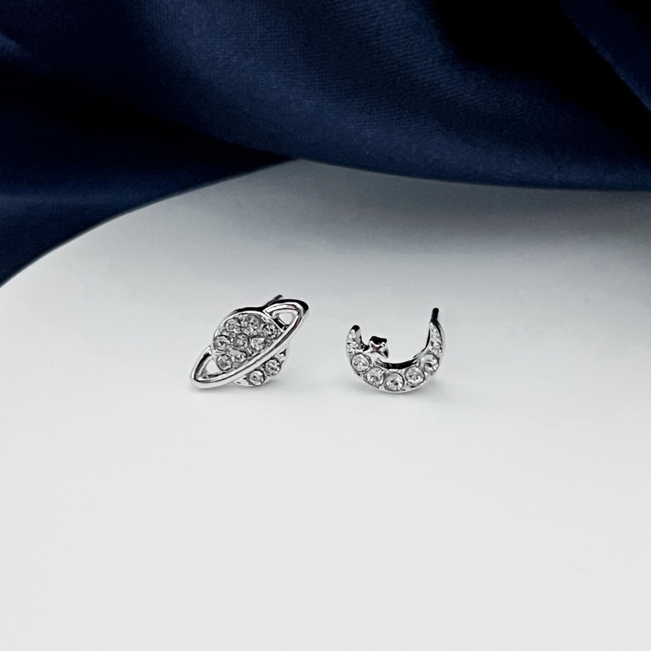 Silver Moon and Star Stud Earrings Mismatched Asymmetric Celestial Earrings Starburst Earrings Mismatched Planet Saturn CZ Stud Earrings