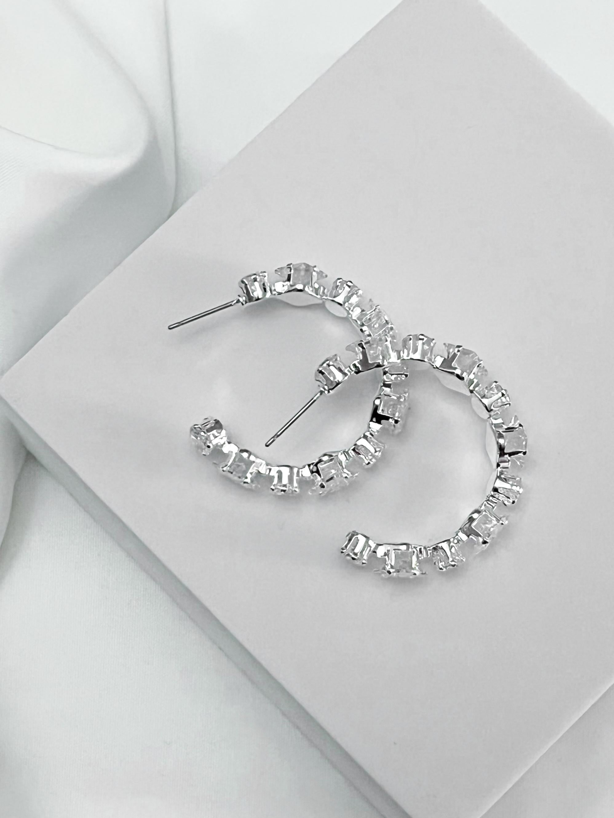 Large Moissanite Hoop Earrings 30mm Crystal Hoop Earrings Huggies Diamond Earrings Silver Earrings Bridesmaid or Wedding Gift