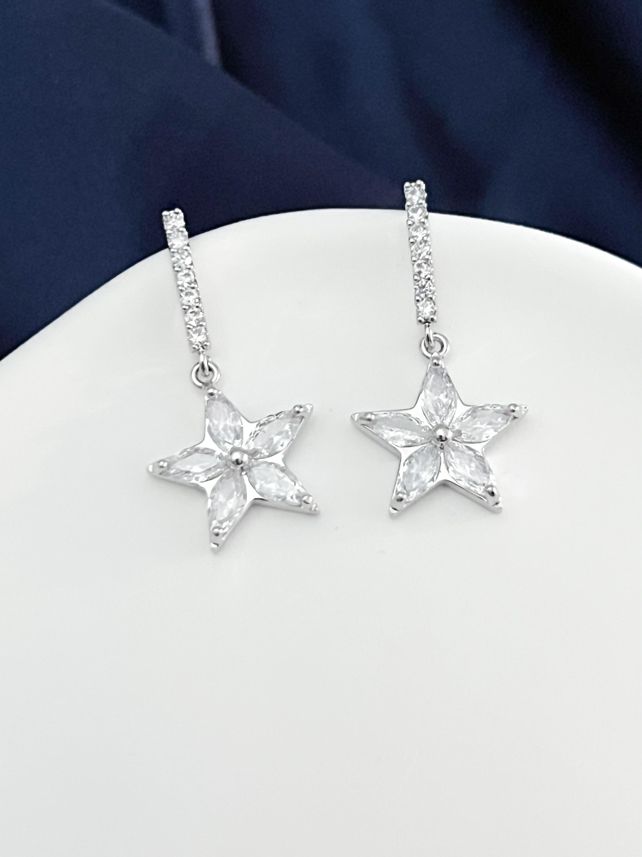 Silver Star Earrings, Stainless Steel Earrings with Crystal Star Charm, Dainty Y2K Celestial Jewelry, Cute Gift for Her, Gift For Mom