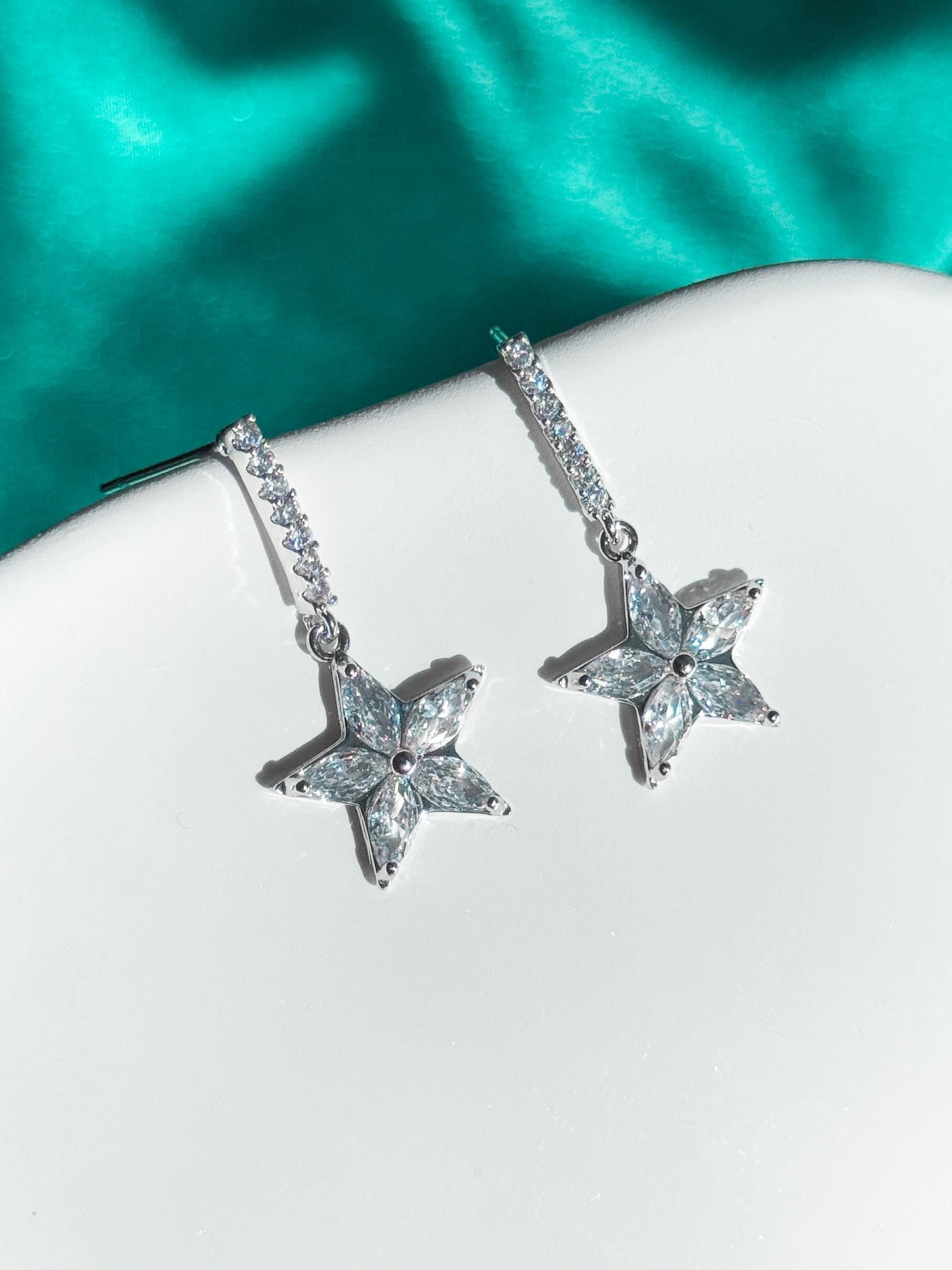 Silver Star Earrings, Stainless Steel Earrings with Crystal Star Charm, Dainty Y2K Celestial Jewelry, Cute Gift for Her, Gift For Mom