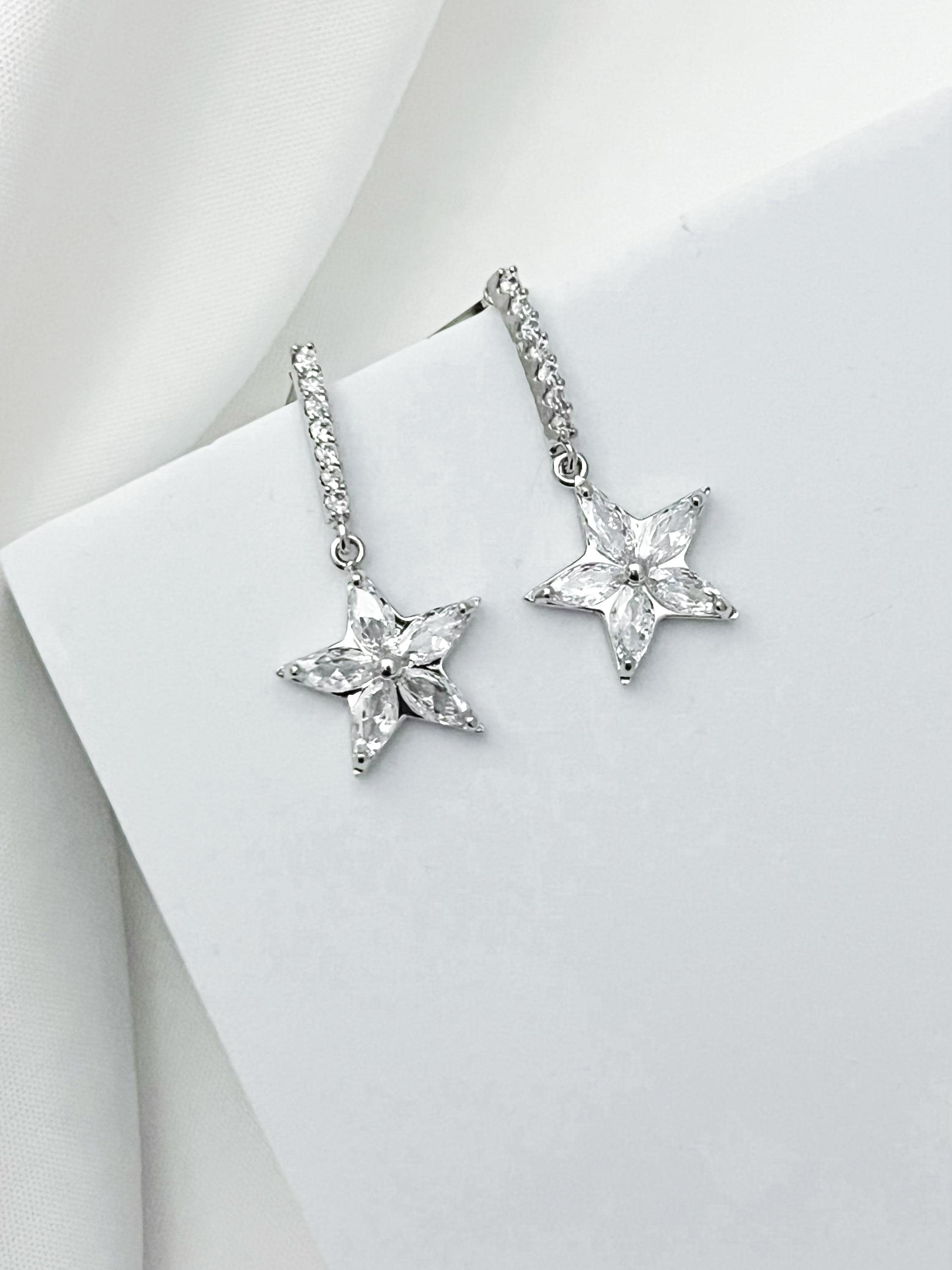 Silver Star Earrings, Stainless Steel Earrings with Crystal Star Charm, Dainty Y2K Celestial Jewelry, Cute Gift for Her, Gift For Mom