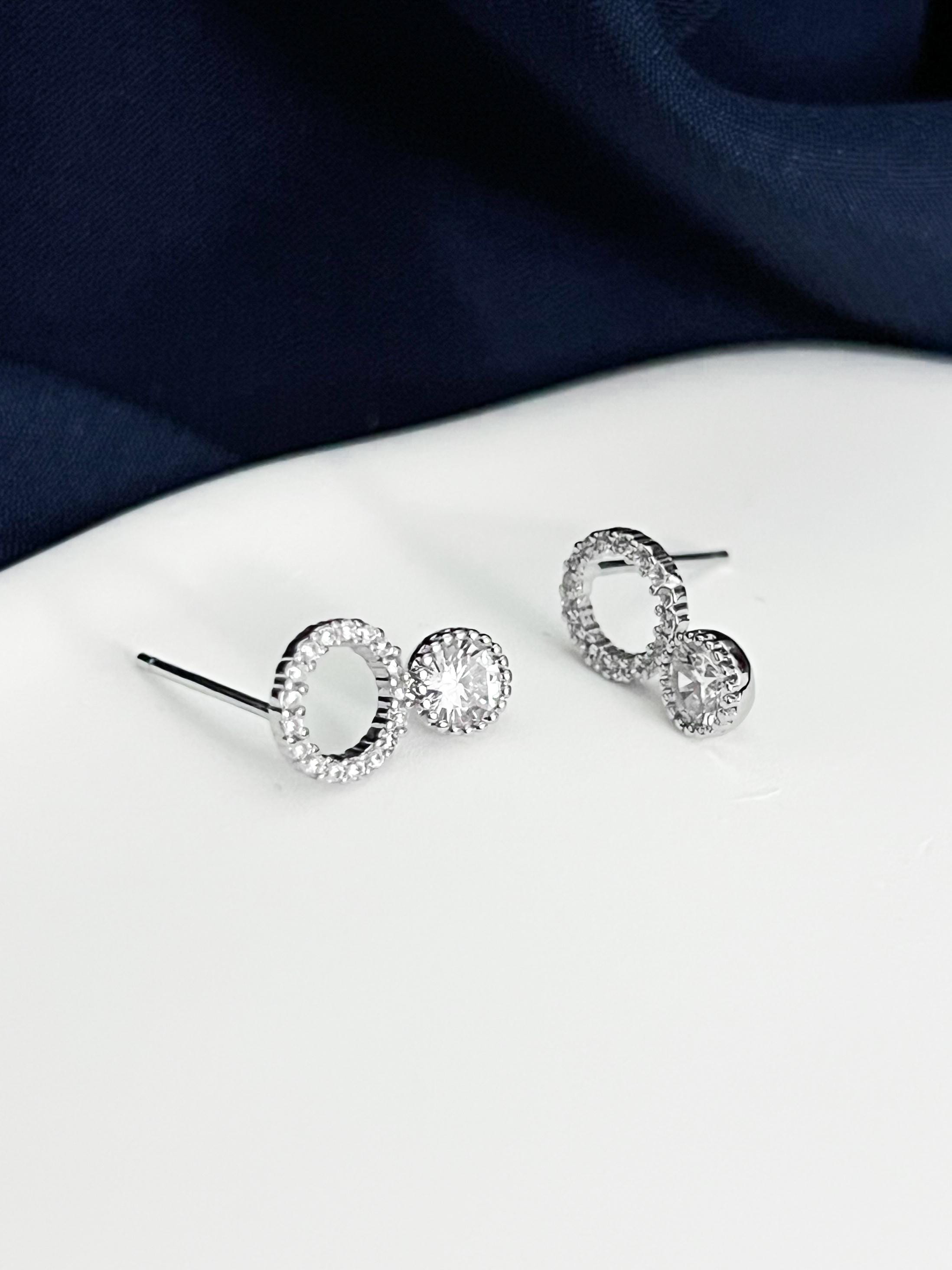 Wedding Circle Stud Earrings, Minimal Silver Bridal Earrings, CZ Crystal Studs for Bride or Bridesmaids, Elegant Jewelry Gift