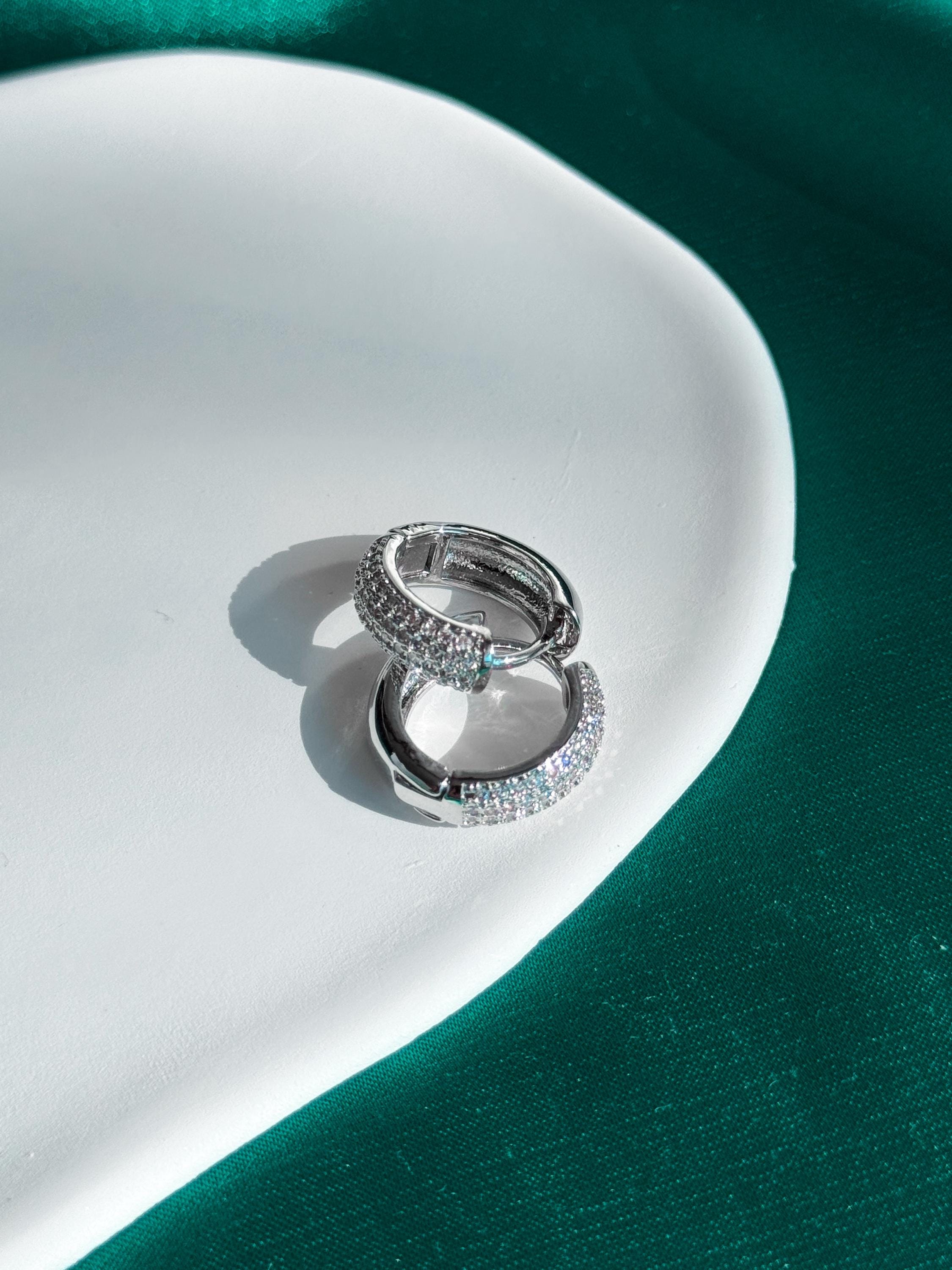 Diamond CZ Huggie Earrings, Small Silver Pavé Hoop Earrings, Dainty Sparkly Huggies, Gift for Her