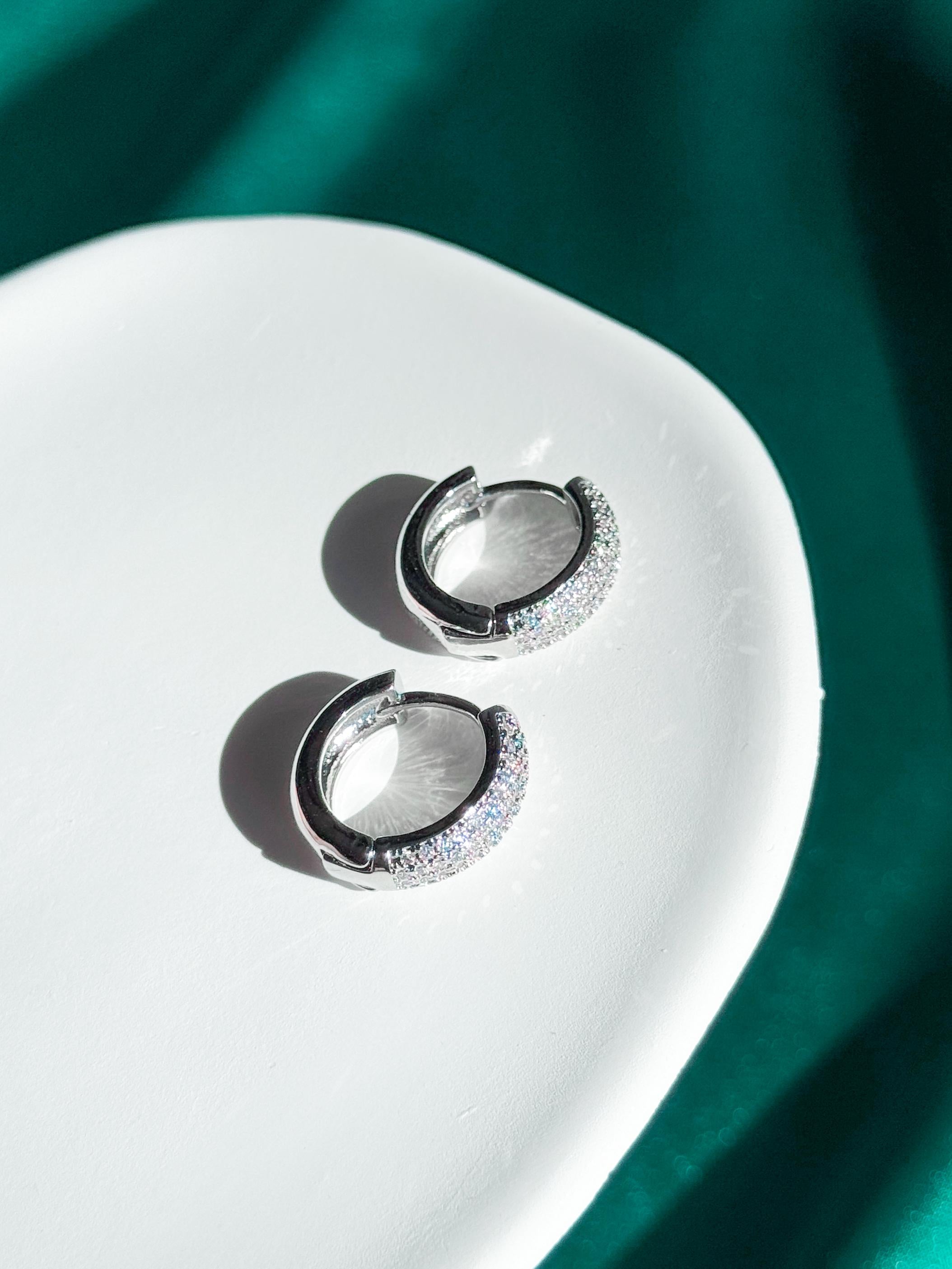 Diamond CZ Huggie Earrings, Small Silver Pavé Hoop Earrings, Dainty Sparkly Huggies, Gift for Her