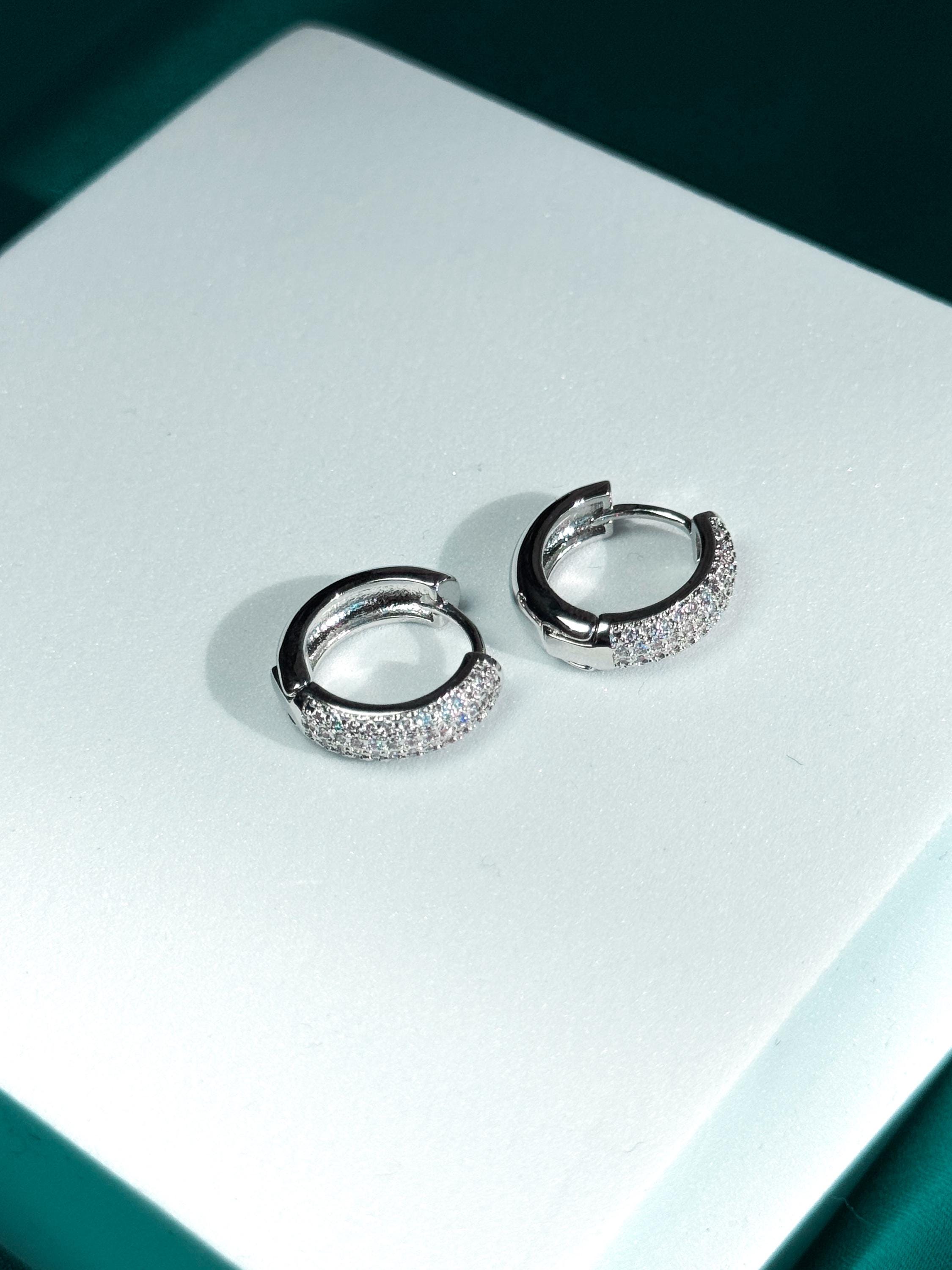 Diamond CZ Huggie Earrings, Small Silver Pavé Hoop Earrings, Dainty Sparkly Huggies, Gift for Her