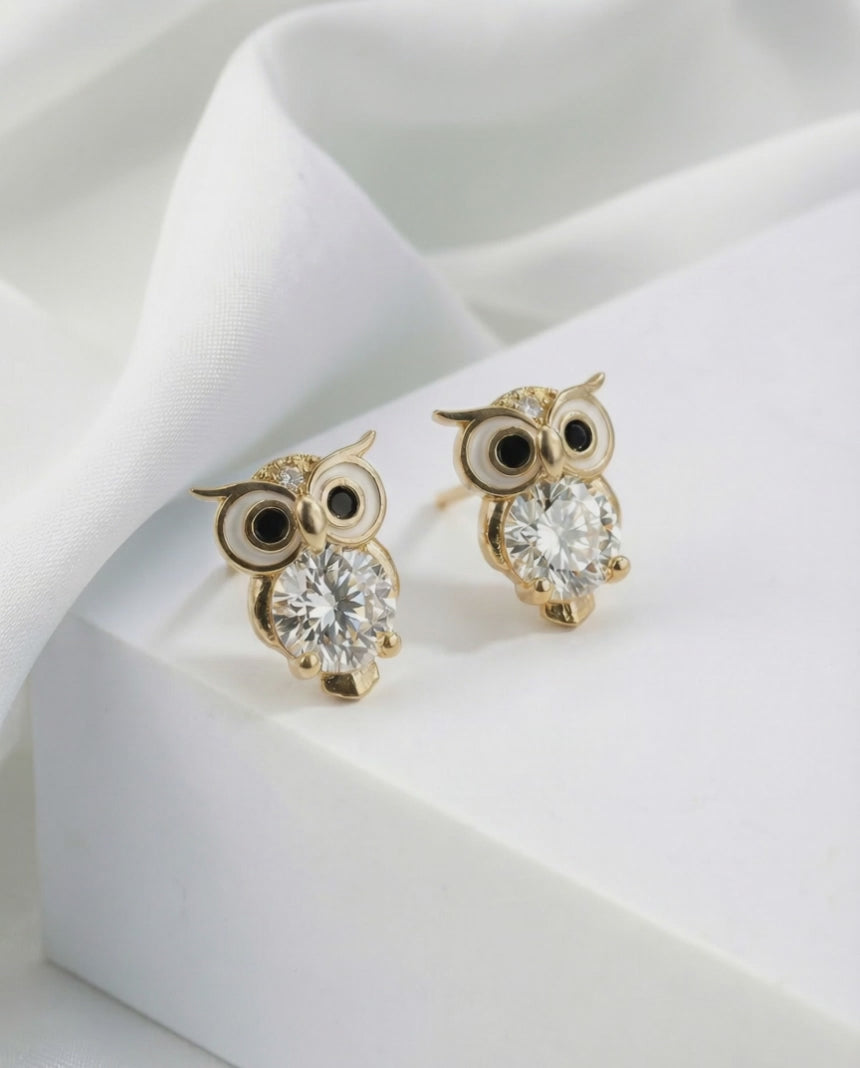 Tiny Gold Owl Earrings | Crystal Studs