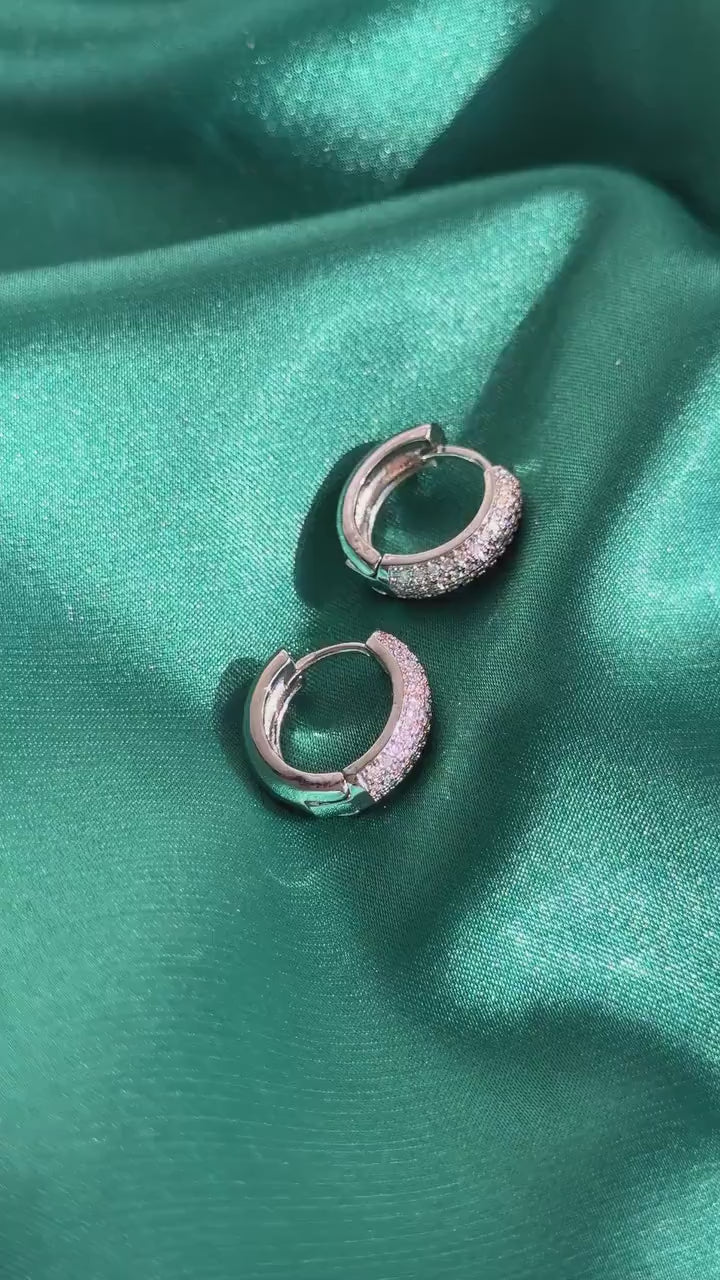 Diamond CZ Huggie Earrings, Small Silver Pavé Hoop Earrings, Dainty Sparkly Huggies, Gift for Her